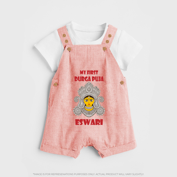 My First Durga Puja Classic Devi Portrait Dungaree - PEACH - 0 - 5 Months Old (Chest 18")