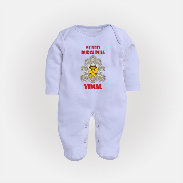 My First Festival Sleep Suit  -  Durga Puja | Personalized Baby Sleep Suit - BABY BLUE - New Born (Chest 7.5")