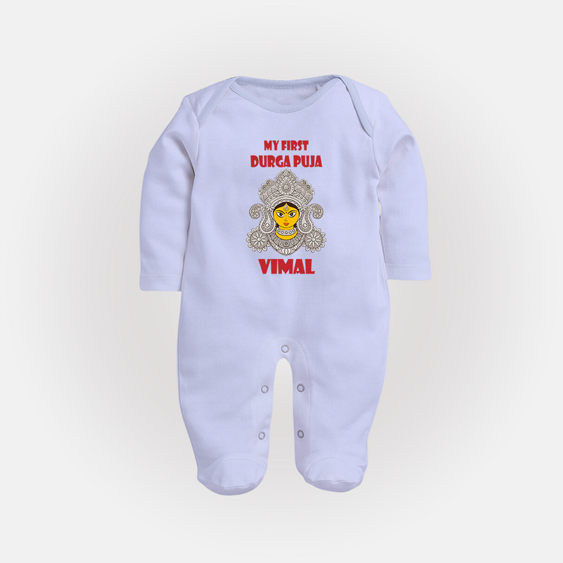 My First Festival Sleep Suit  -  Durga Puja | Personalized Baby Sleep Suit - BABY BLUE - New Born (Chest 7.5")