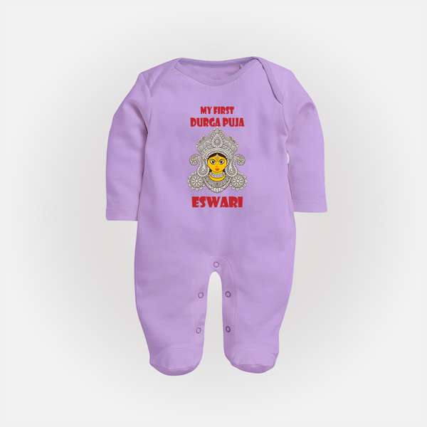 My First Durga Puja Classic Devi Portrait Full Body Suit - LILAC - New Born (Chest 7.5")