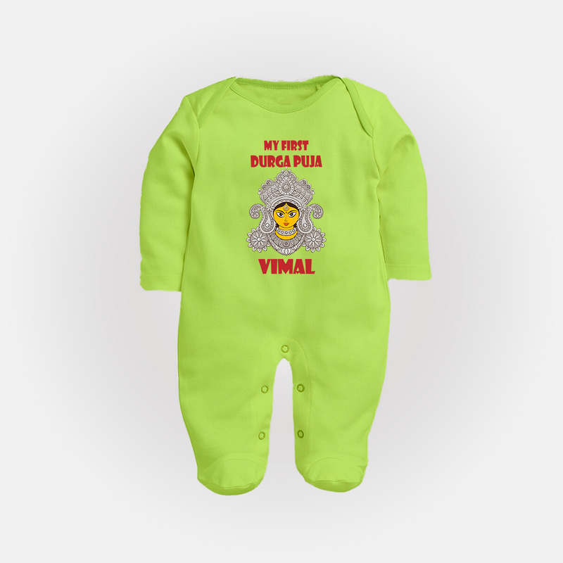My First Festival Sleep Suit  -  Durga Puja | Personalized Baby Sleep Suit - LIME GREEN - New Born (Chest 7.5")