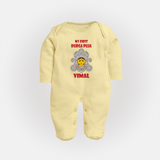 My First Festival Sleep Suit  -  Durga Puja | Personalized Baby Sleep Suit - PASTEL YELLOW - New Born (Chest 7.5")