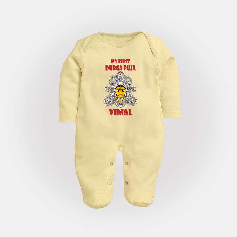 My First Festival Sleep Suit  -  Durga Puja | Personalized Baby Sleep Suit - PASTEL YELLOW - New Born (Chest 7.5")