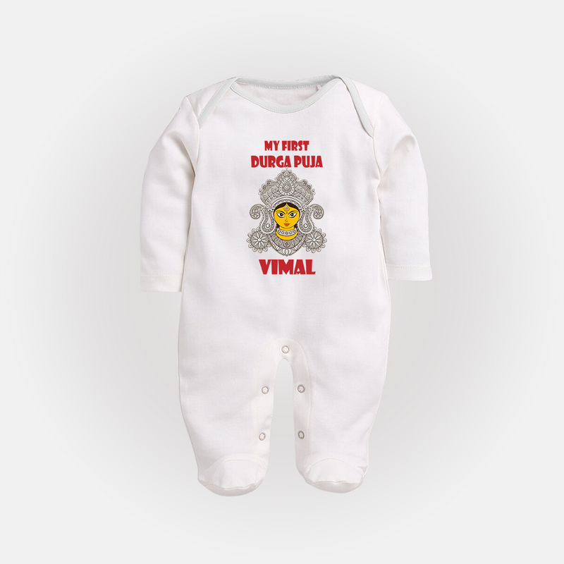 My First Festival Sleep Suit  -  Durga Puja | Personalized Baby Sleep Suit - WHITE - New Born (Chest 7.5")