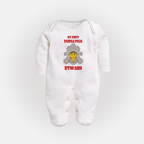 My First Durga Puja Classic Devi Portrait Full Body Suit - WHITE - New Born (Chest 7.5")