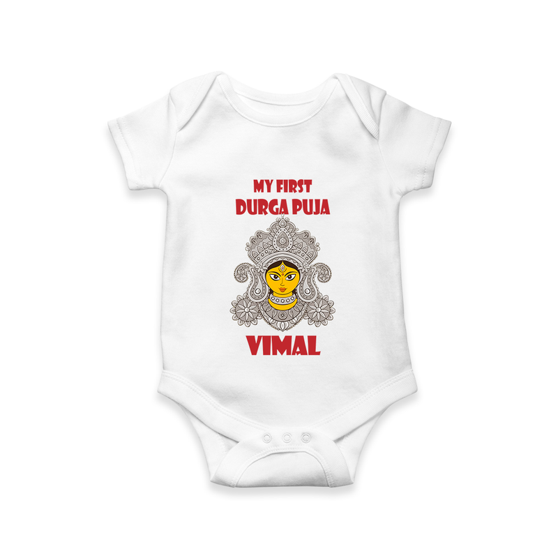 My First Festival Romper  -  Durga Puja | Personalized Baby Romper - WHITE - New Born (Chest 14")