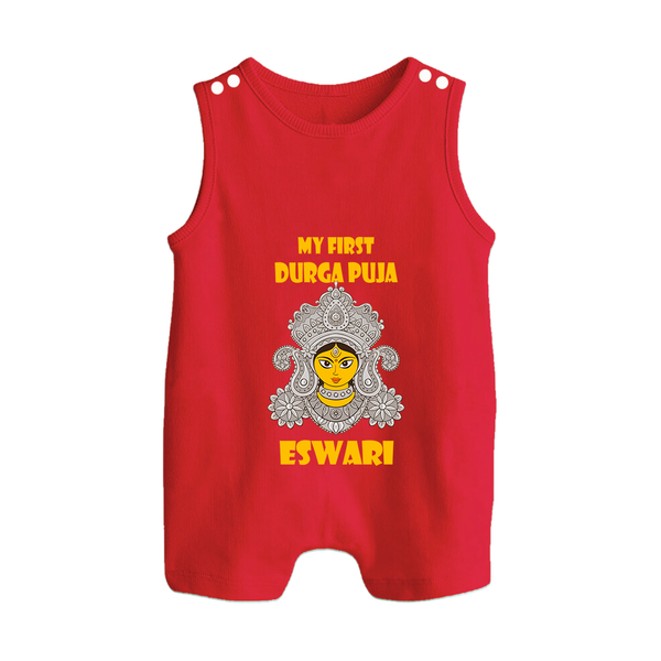 My First Durga Puja Classic Devi Portrait Button Romper - RED - New Born (Chest 18")