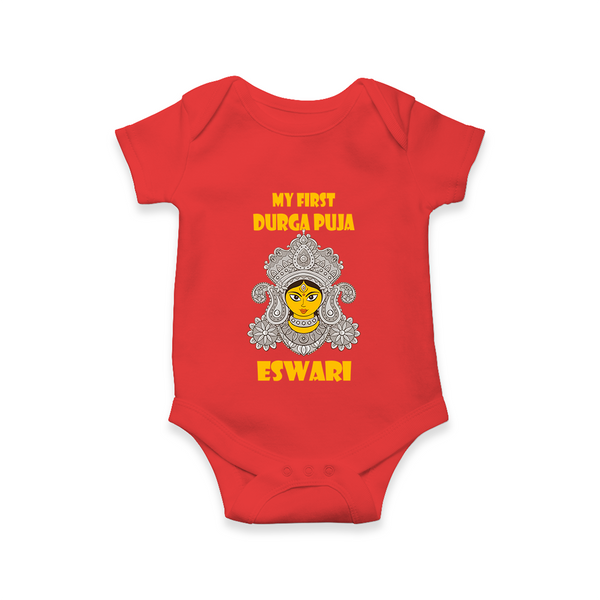 My First Durga Puja Classic Devi Portrait Romper - RED - New Born (Chest 14")