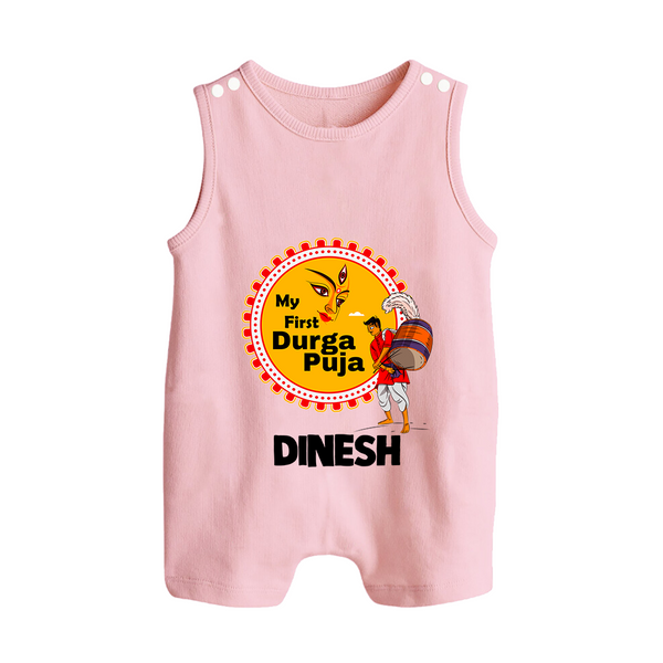 My First Durga Puja Festive Warrior Goddess Button Romper - BABY PINK - New Born (Chest 18")