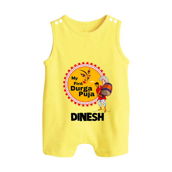 My First Durga Puja Festive Warrior Goddess Button Romper - PASTEL YELLOW - New Born (Chest 18")