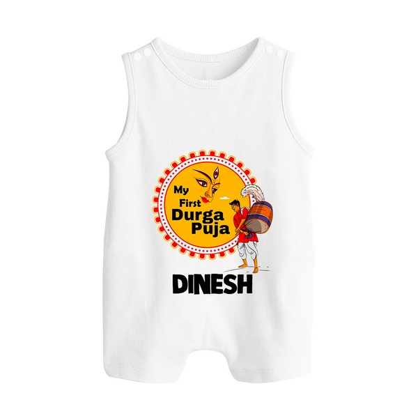 My First Durga Puja Festive Warrior Goddess Button Romper - WHITE - New Born (Chest 18")