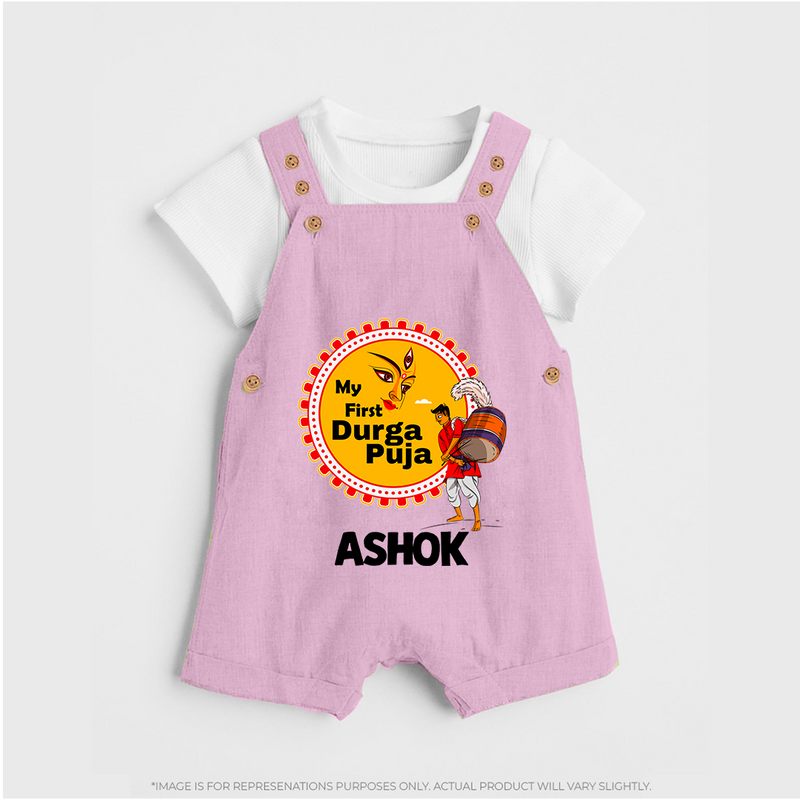 Little Durga Puja Star Dungaree Set | Personalized Baby Dungaree Set for Festival Celebration - BABY PINK - 0 - 5 Months Old (Chest 18")