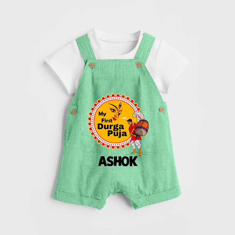 Little Durga Puja Star Dungaree Set | Personalized Baby Dungaree Set for Festival Celebration - GREEN - 0 - 5 Months Old (Chest 18")