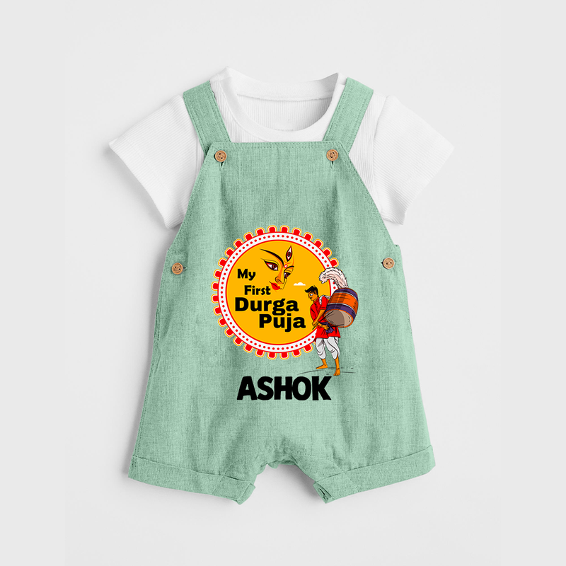 Little Durga Puja Star Dungaree Set | Personalized Baby Dungaree Set for Festival Celebration - MINT GREEN - 0 - 5 Months Old (Chest 18")