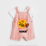 Little Durga Puja Star Dungaree Set | Personalized Baby Dungaree Set for Festival Celebration - PEACH - 0 - 5 Months Old (Chest 18")