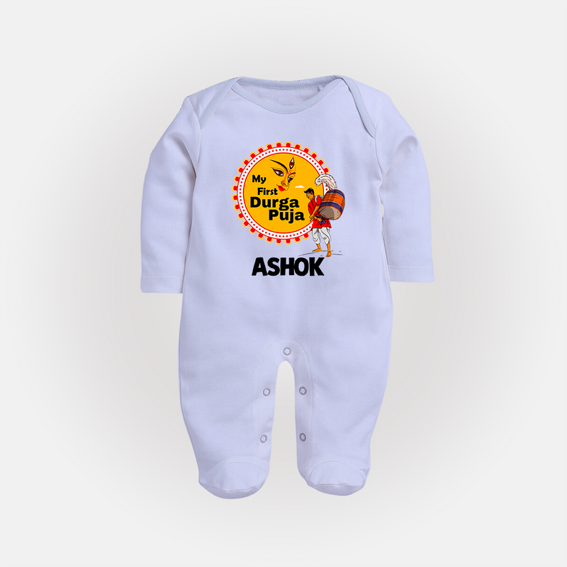 Little Durga Puja Star Sleep Suit | Personalized Baby Sleep Suit for Festival Celebration - BABY BLUE - New Born (Chest 7.5")