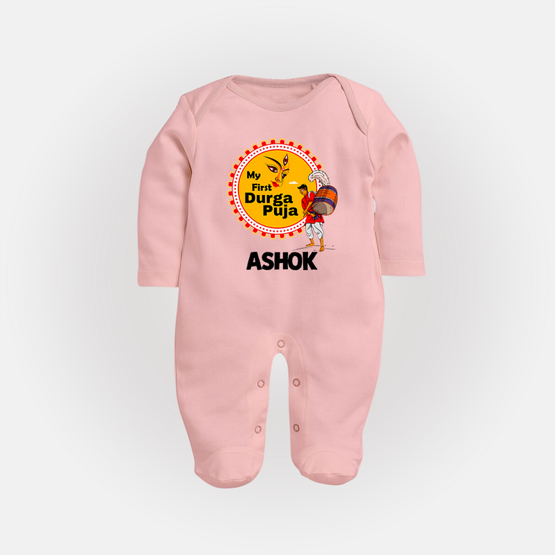 Little Durga Puja Star Sleep Suit | Personalized Baby Sleep Suit for Festival Celebration - BABY PINK - New Born (Chest 7.5")