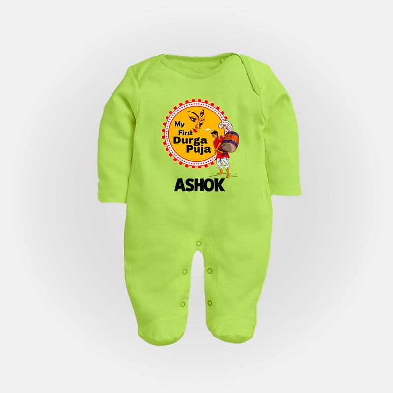 Little Durga Puja Star Sleep Suit | Personalized Baby Sleep Suit for Festival Celebration - LIME GREEN - New Born (Chest 7.5")