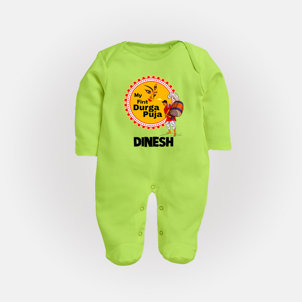 My First Durga Puja Festive Warrior Goddess Full Body Suit - LIME GREEN - New Born (Chest 7.5")