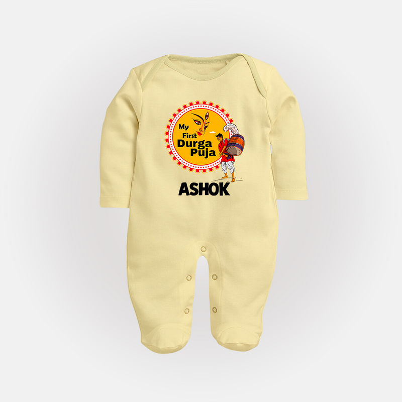 Little Durga Puja Star Sleep Suit | Personalized Baby Sleep Suit for Festival Celebration - PASTEL YELLOW - New Born (Chest 7.5")