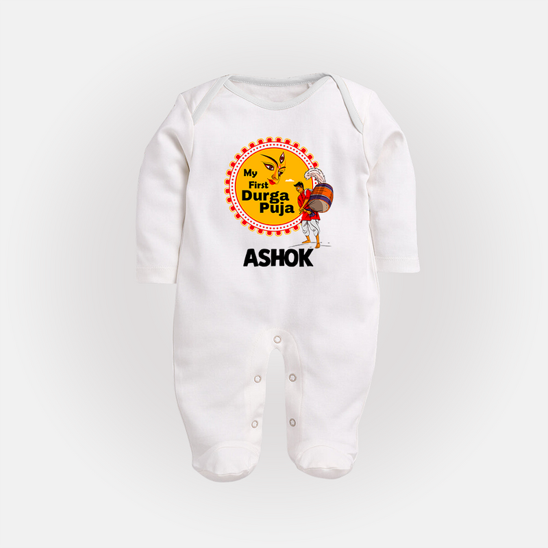 Little Durga Puja Star Sleep Suit | Personalized Baby Sleep Suit for Festival Celebration - WHITE - New Born (Chest 7.5")