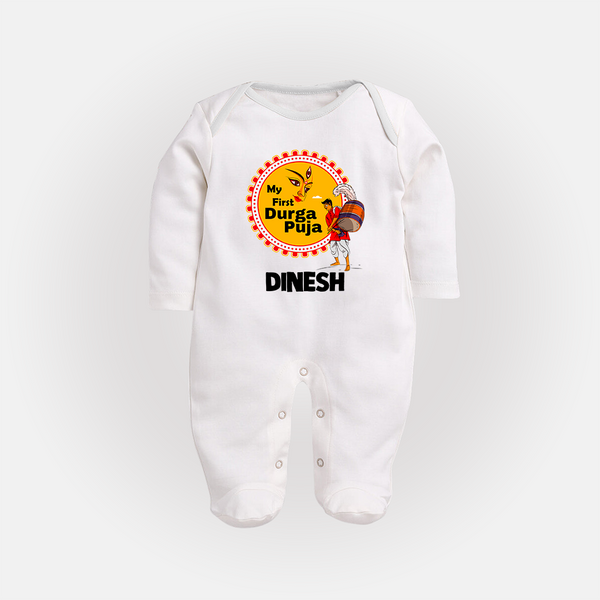 My First Durga Puja Festive Warrior Goddess Full Body Suit - WHITE - New Born (Chest 7.5")