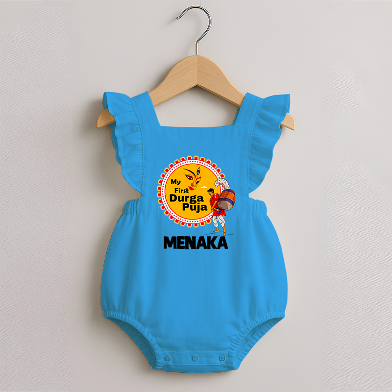 Little Durga Puja Star Romper Frock | Personalized Baby Romper Frock for Festival Celebration - SKY BLUE - 0 - 3 Months Old (Chest 19")