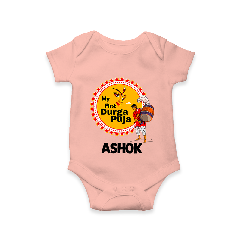Little Durga Puja Star Romper | Personalized Baby Romper for Festival Celebration - PEACH - New Born (Chest 14")