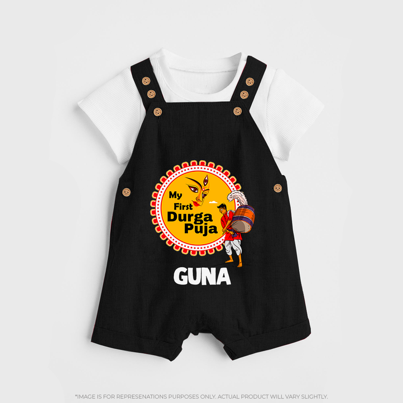 Little Durga Puja Star Dungaree Set | Personalized Baby Dungaree Set for Festival Celebration - BLACK - 0 - 5 Months Old (Chest 18")