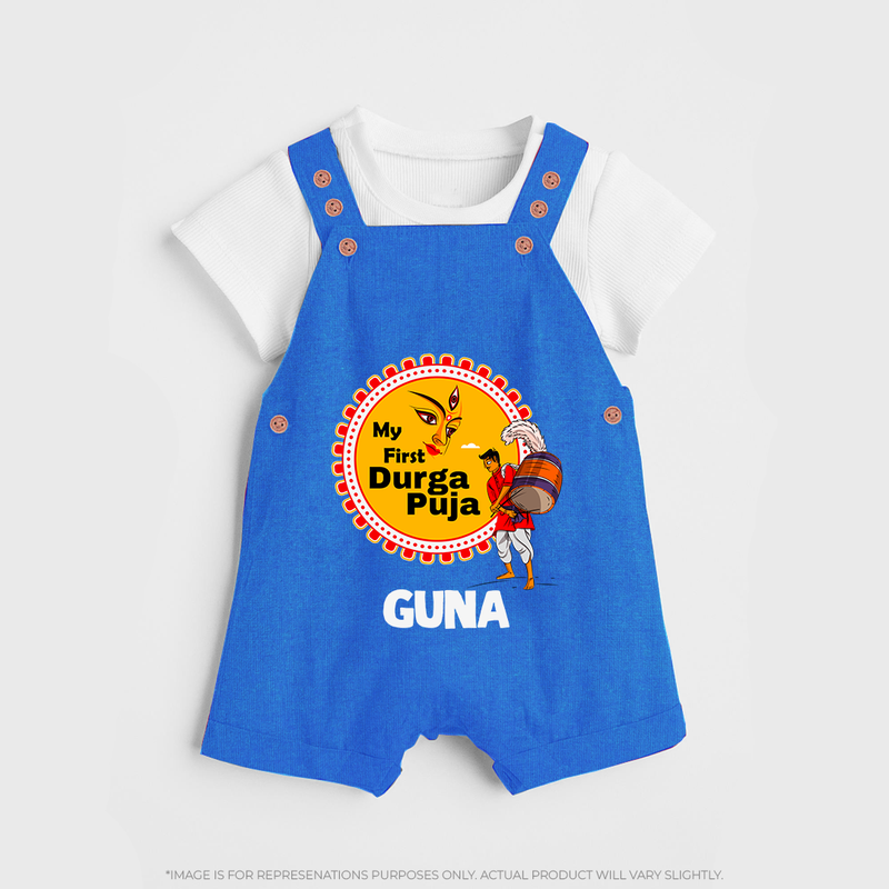 Little Durga Puja Star Dungaree Set | Personalized Baby Dungaree Set for Festival Celebration - COBALT BLUE - 0 - 5 Months Old (Chest 18")