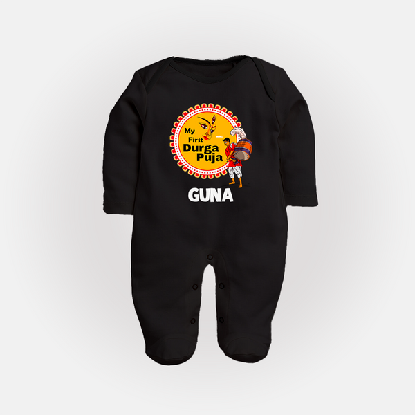 Little Durga Puja Star Sleep Suit | Personalized Baby Sleep Suit for Festival Celebration - BLACK - New Born (Chest 7.5")