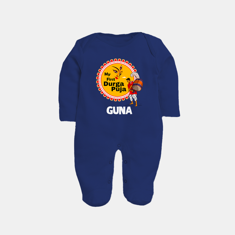 Little Durga Puja Star Sleep Suit | Personalized Baby Sleep Suit for Festival Celebration - NAVY BLUE - New Born (Chest 7.5")