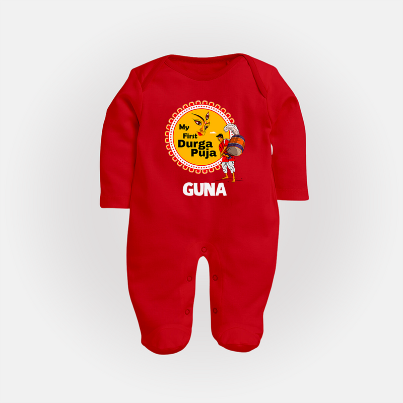 Little Durga Puja Star Sleep Suit | Personalized Baby Sleep Suit for Festival Celebration - RED - New Born (Chest 7.5")