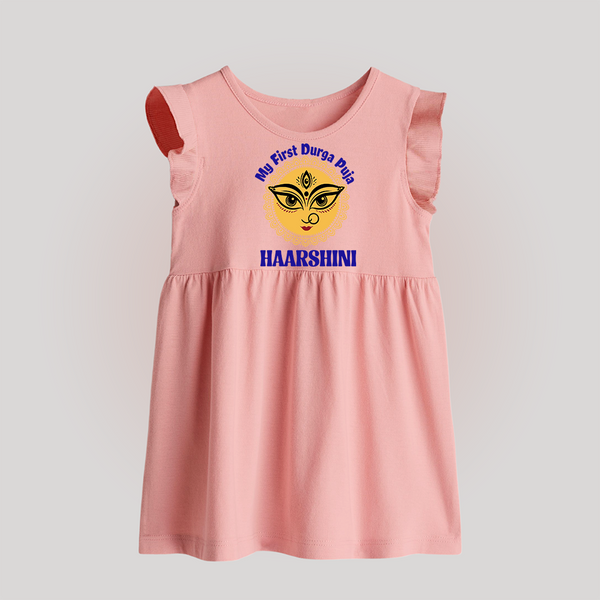 My First Durga Puja Sacred Eyes Artwork Baby Frock - BABY PINK - 0 - 3 Months Old (Chest 17")
