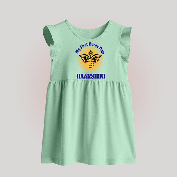 My First Durga Puja Sacred Eyes Artwork Baby Frock - MINT GREEN - 0 - 3 Months Old (Chest 17")