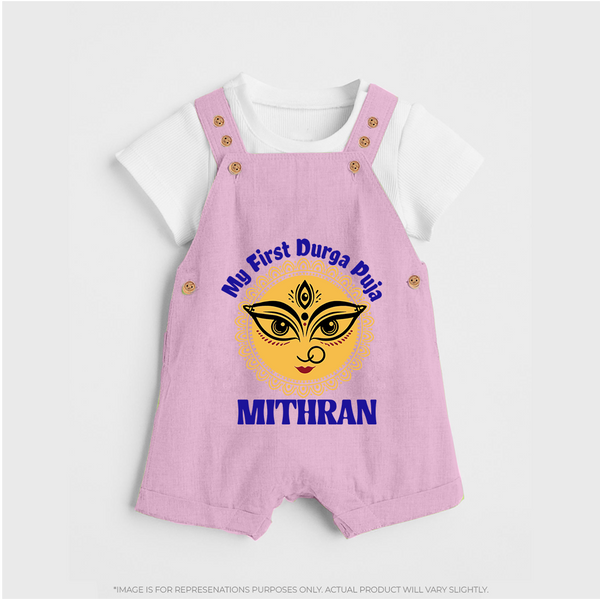 First Durga Puja Celebration Dungaree Set | Personalized Dungaree Set for Your Baby - BABY PINK - 0 - 5 Months Old (Chest 18")