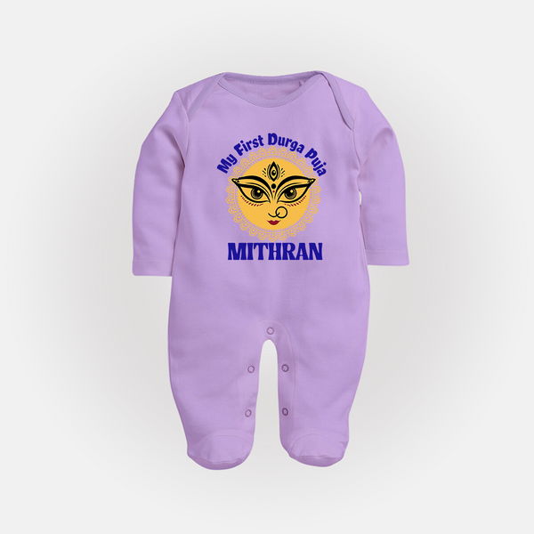 First Durga Puja Celebration Sleep Suit | Personalized Sleep Suit for Your Baby - LILAC - New Born (Chest 7.5")