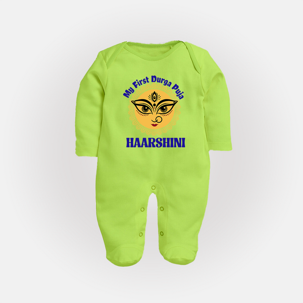 My First Durga Puja Sacred Eyes Artwork Full Body Suit - LIME GREEN - New Born (Chest 7.5")
