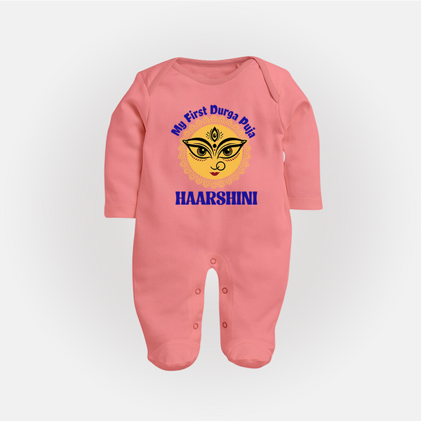 My First Durga Puja Sacred Eyes Artwork Full Body Suit - PEACH - New Born (Chest 7.5")
