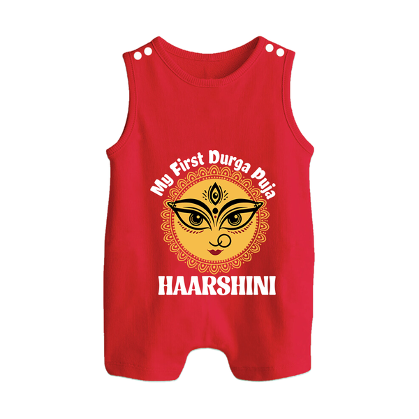 My First Durga Puja Sacred Eyes Artwork Button Romper - RED - New Born (Chest 18")