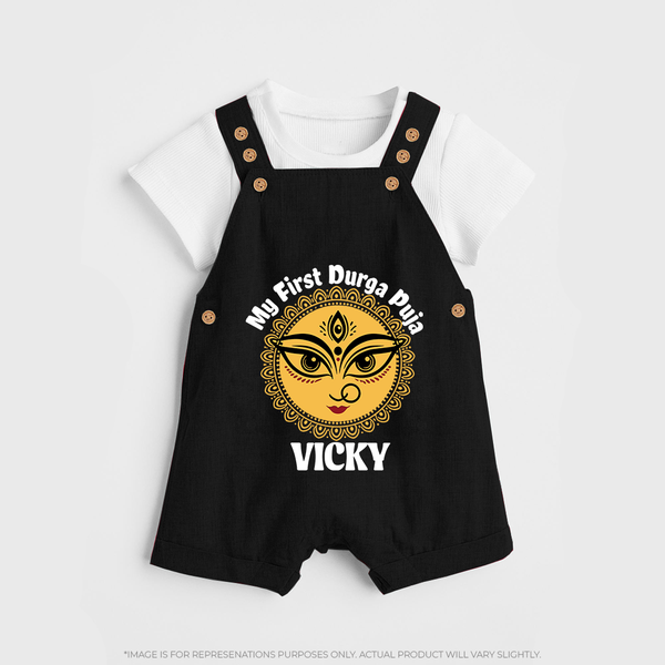 First Durga Puja Celebration Dungaree Set | Personalized Dungaree Set for Your Baby - BLACK - 0 - 5 Months Old (Chest 18")