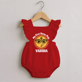 First Durga Puja Celebration Romper Frock | Personalized Romper Frock for Your Baby - RED - 0 - 3 Months Old (Chest 19")