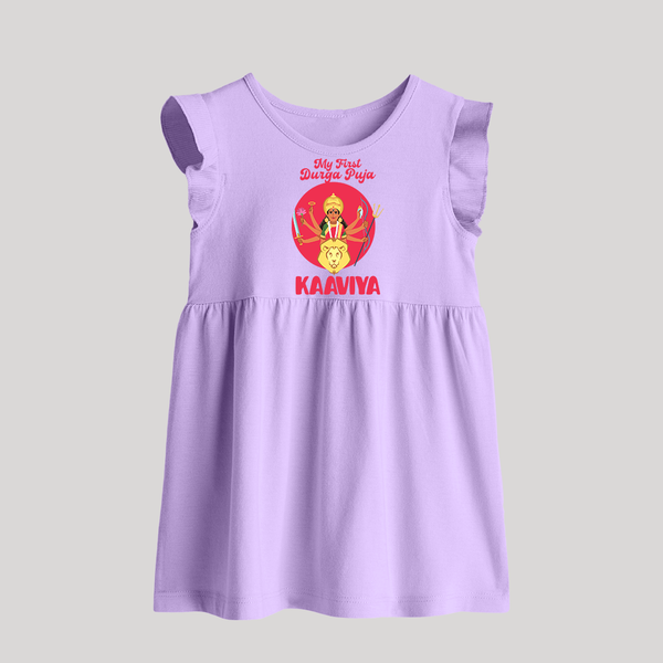 First Durga Puja Special Baby Frock | Personalized Baby Festival Baby Frock - LILAC - 0 - 3 Months Old (Chest 17")
