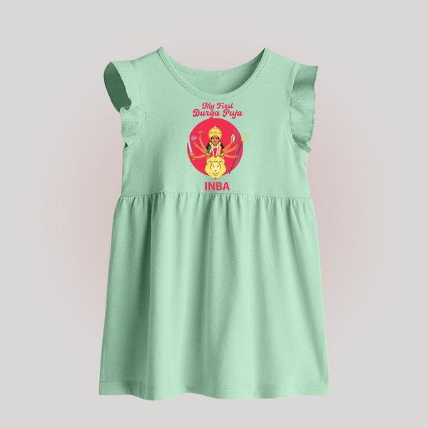 My First Durga Puja Divine Mother Illustration Baby Frock - MINT GREEN - 0 - 3 Months Old (Chest 17")