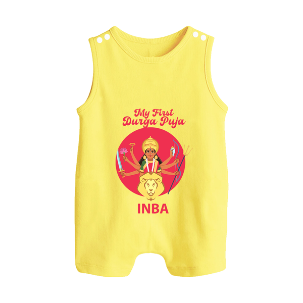 My First Durga Puja Divine Mother Illustration Button Romper - PASTEL YELLOW - New Born (Chest 18")