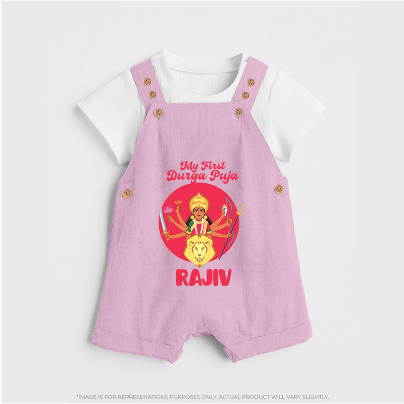 First Durga Puja Special Dungaree Set | Personalized Baby Festival Dungaree Set - BABY PINK - 0 - 5 Months Old (Chest 18")