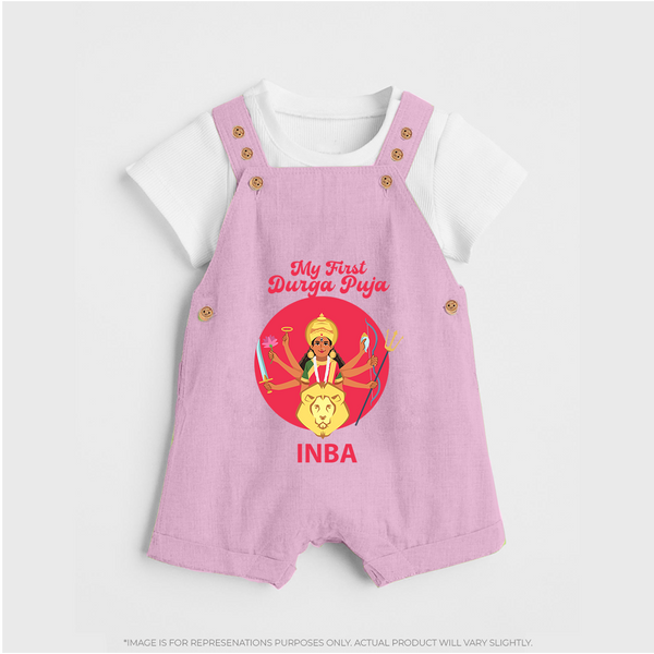 My First Durga Puja Divine Mother Illustration Dungaree - BABY PINK - 0 - 5 Months Old (Chest 18")
