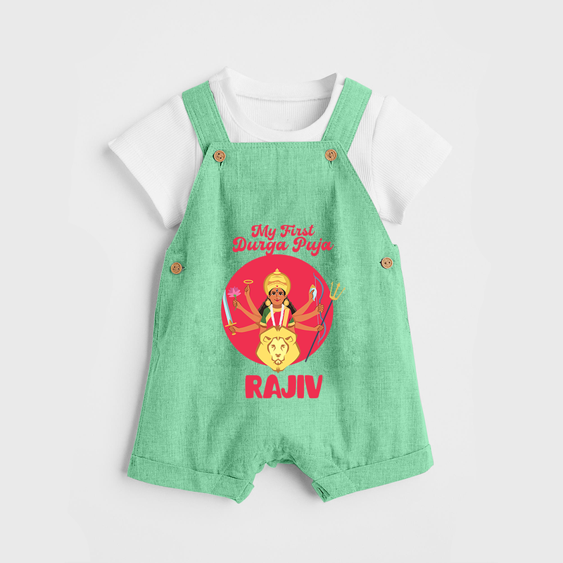 First Durga Puja Special Dungaree Set | Personalized Baby Festival Dungaree Set - GREEN - 0 - 5 Months Old (Chest 18")