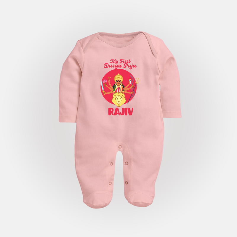 First Durga Puja Special Sleep Suit | Personalized Baby Festival Sleep Suit - BABY PINK - New Born (Chest 7.5")