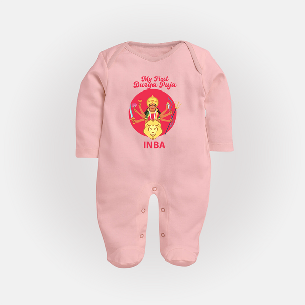 My First Durga Puja Divine Mother Illustration Full Body Suit - BABY PINK - New Born (Chest 7.5")
